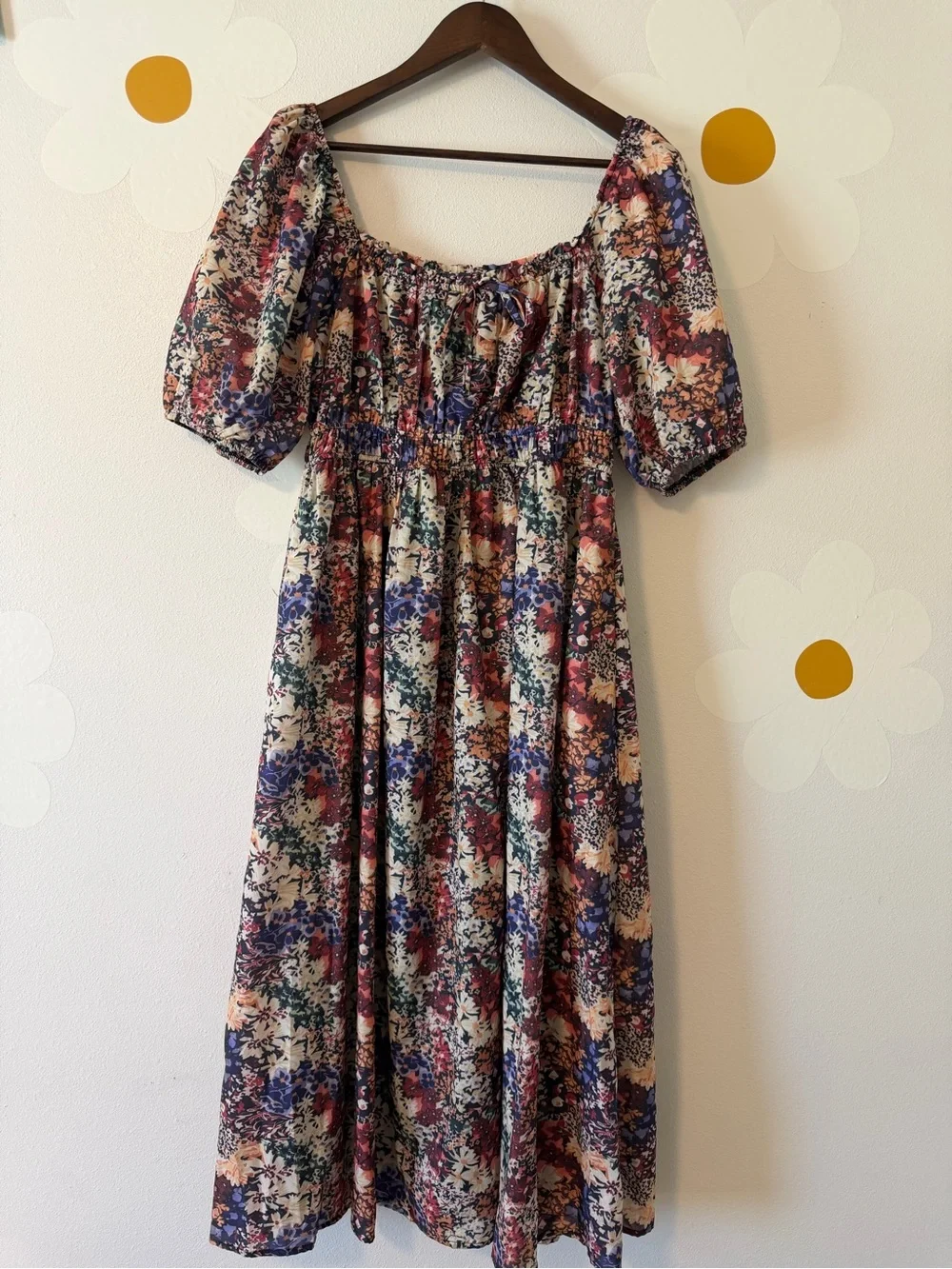 EUC Baltic Born Eden Dress Multi-Color Floral Puff Sleeve Square Neck Midi Dress - Picture 6 of 14